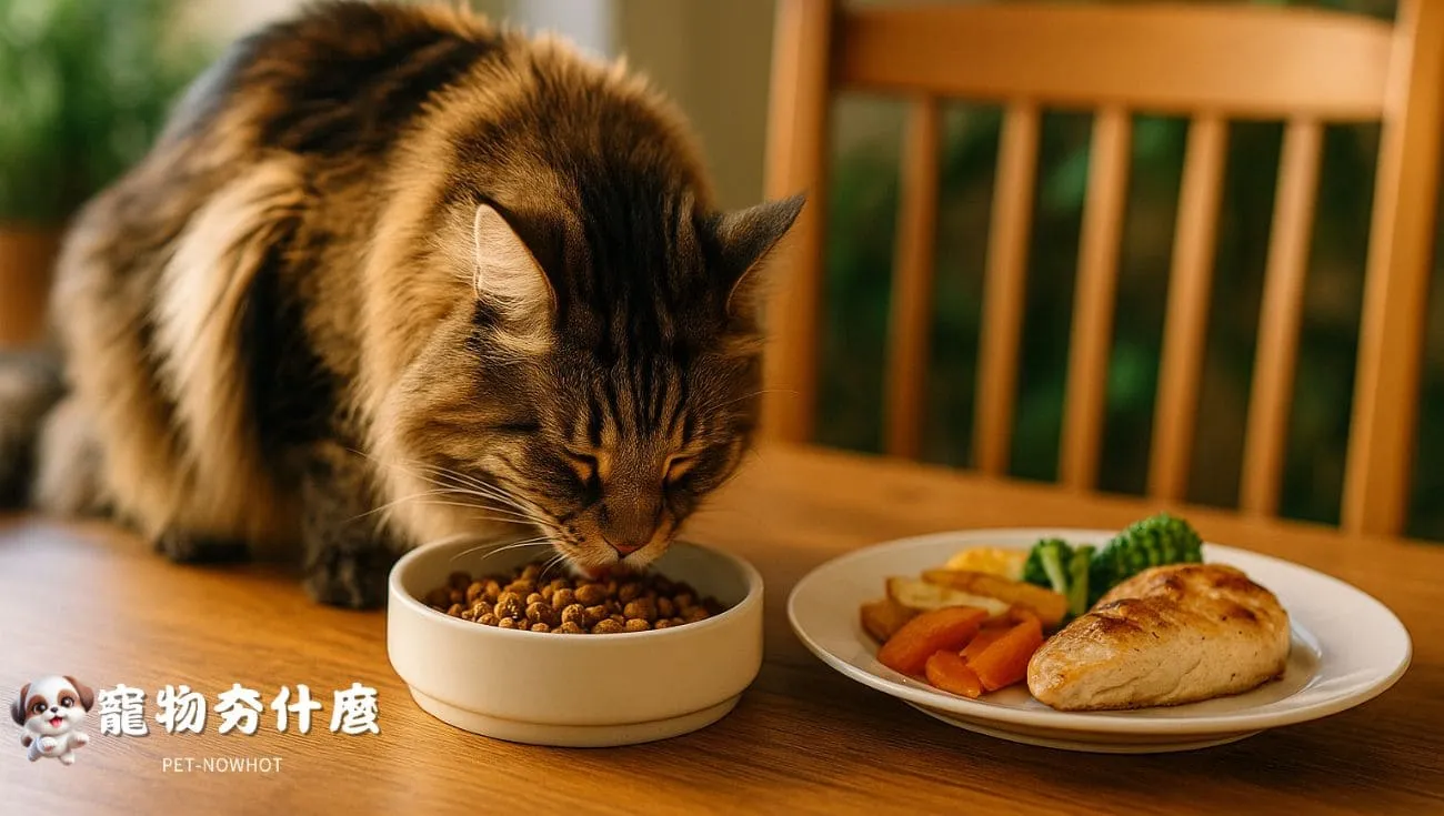 緬因貓與專用飼料和人食並列