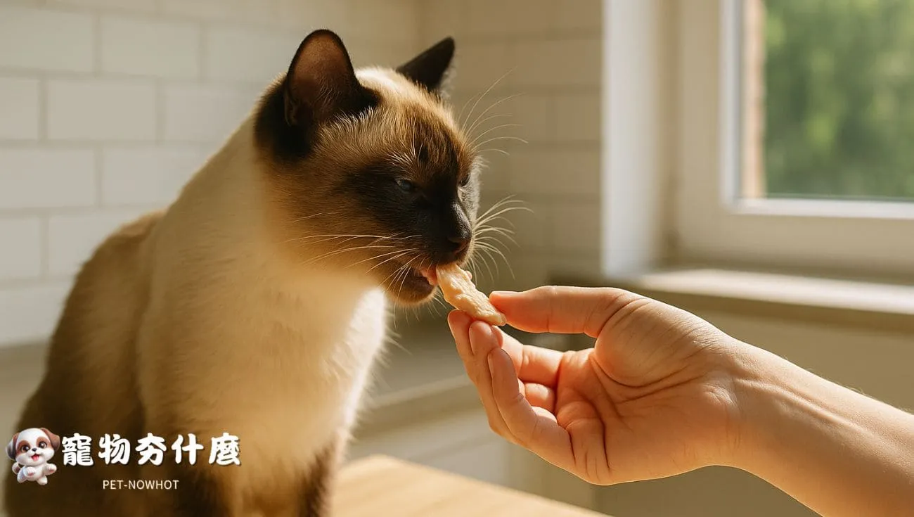 暹羅貓在廚房被主人餵食鮮肉