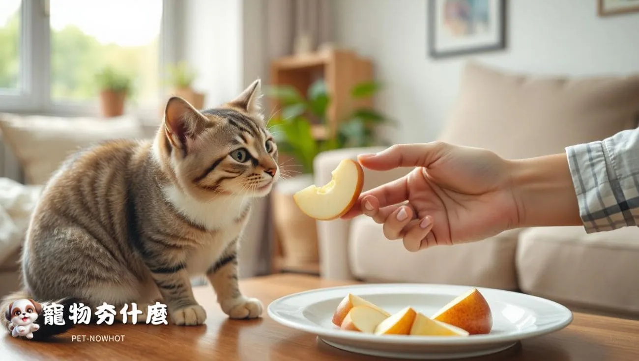 飼主餵貓咪蘋果實景