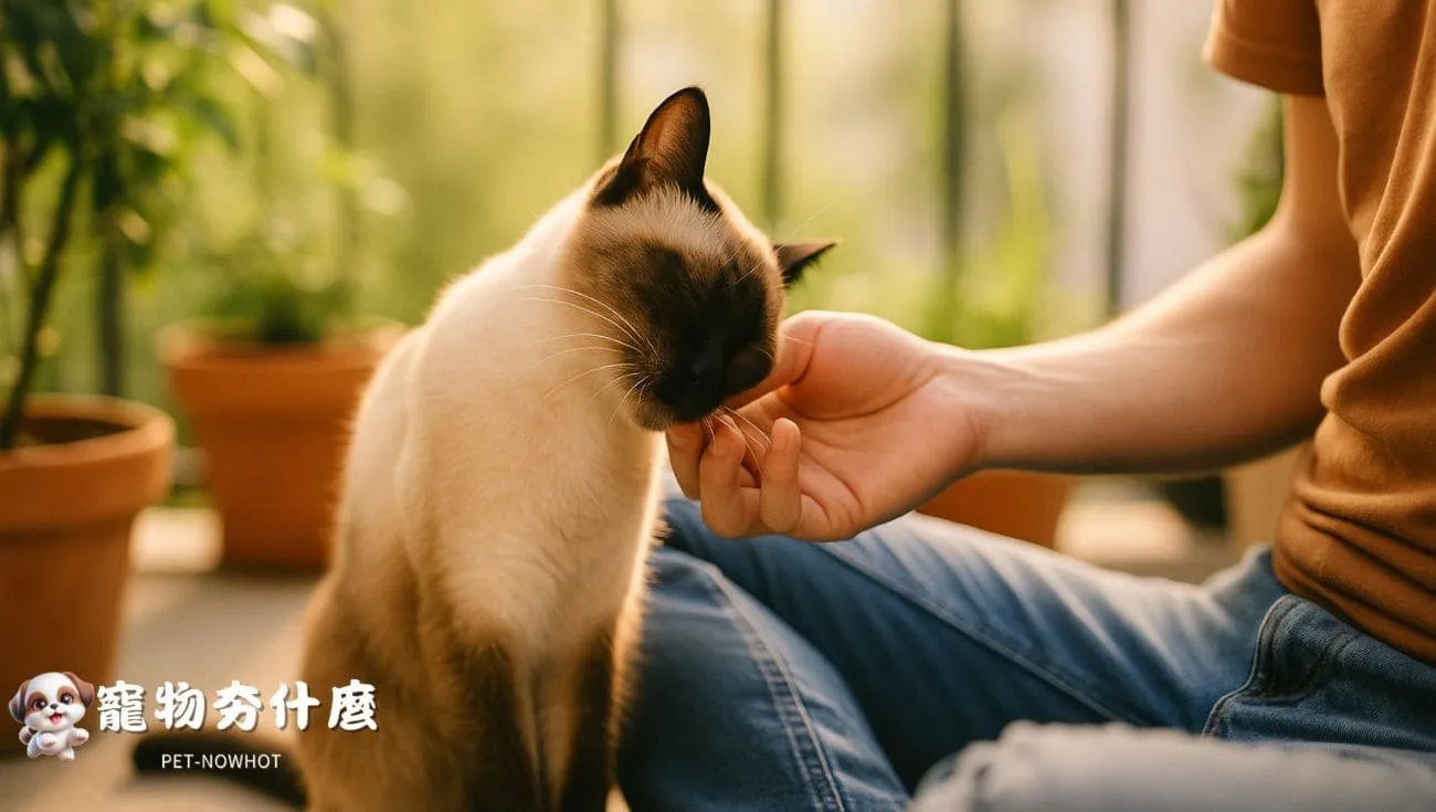 暹羅貓親暱依偎飼主手邊