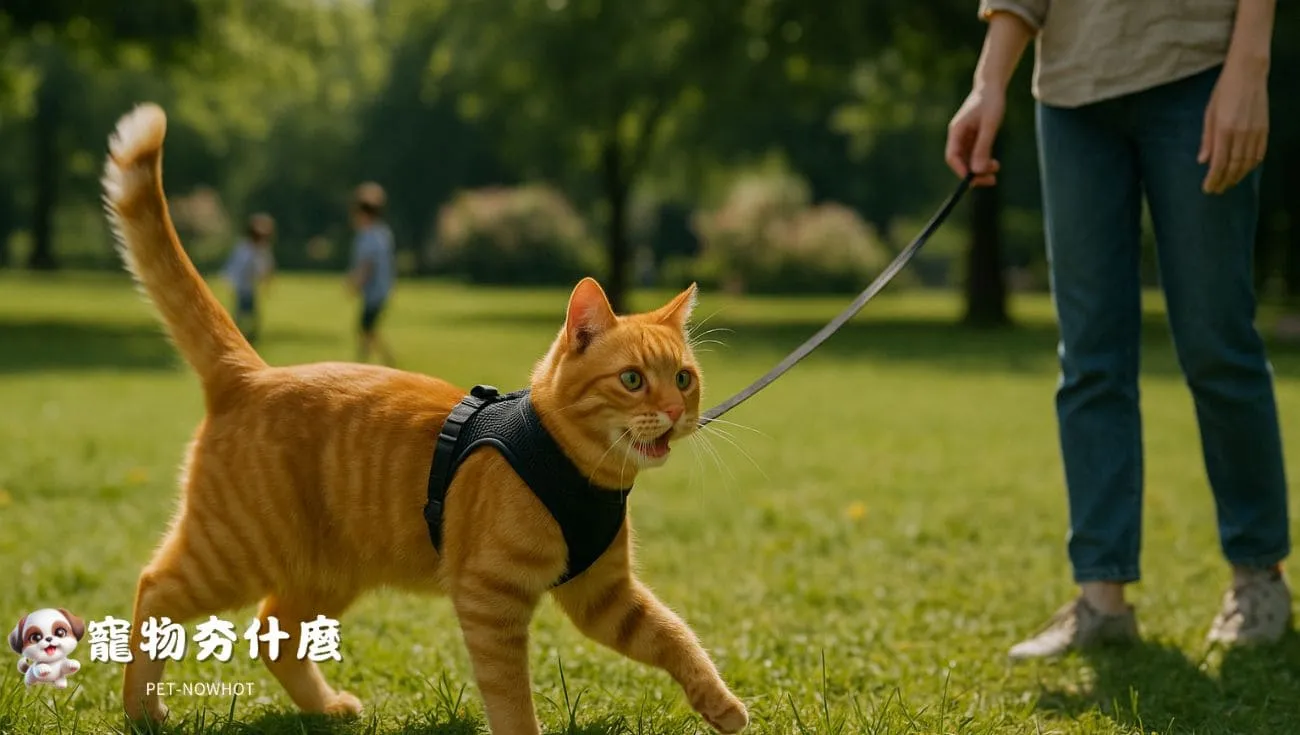 橘貓公園牽繩互動訓練情境