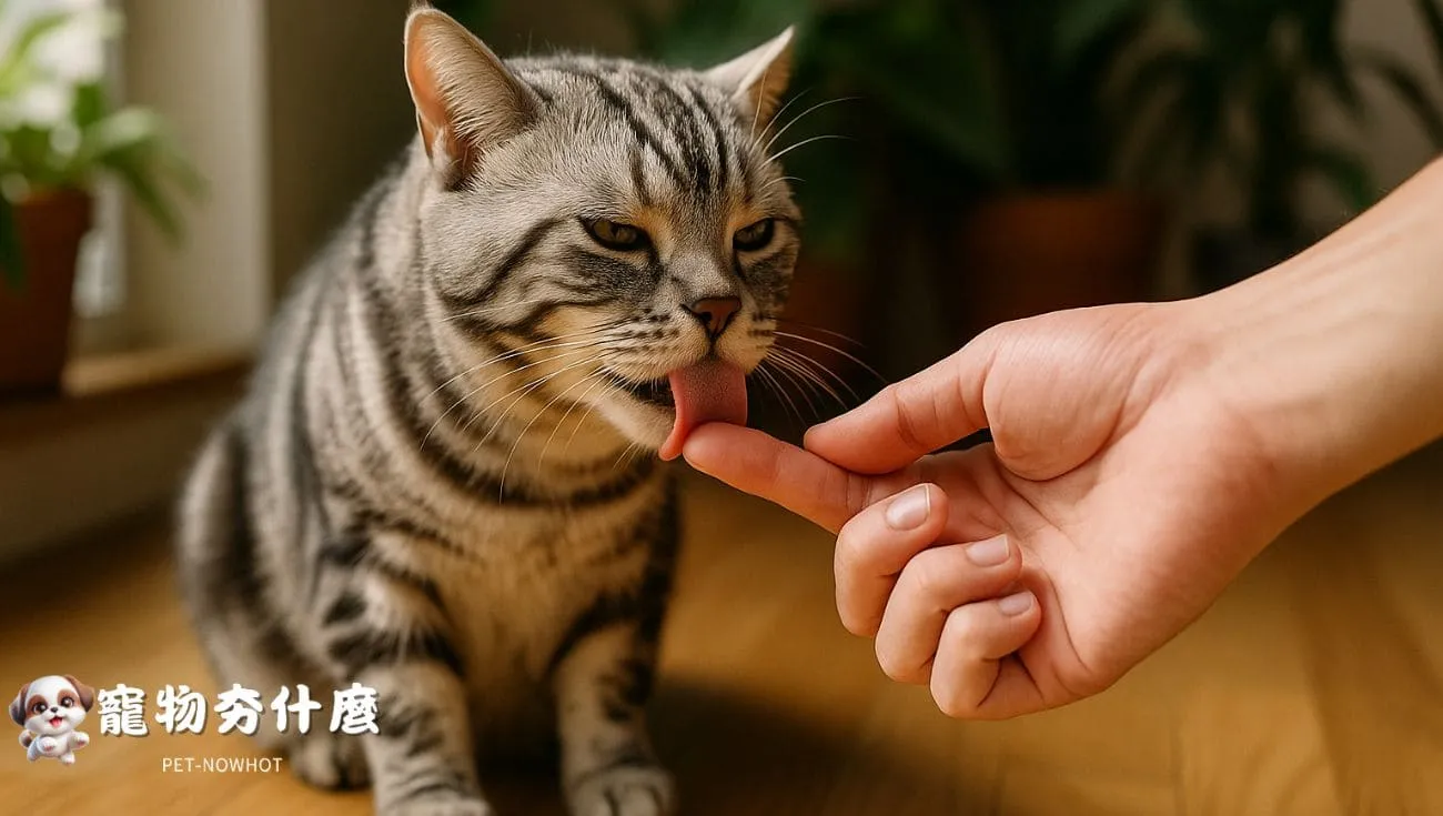 美國短毛貓親暱舔手指