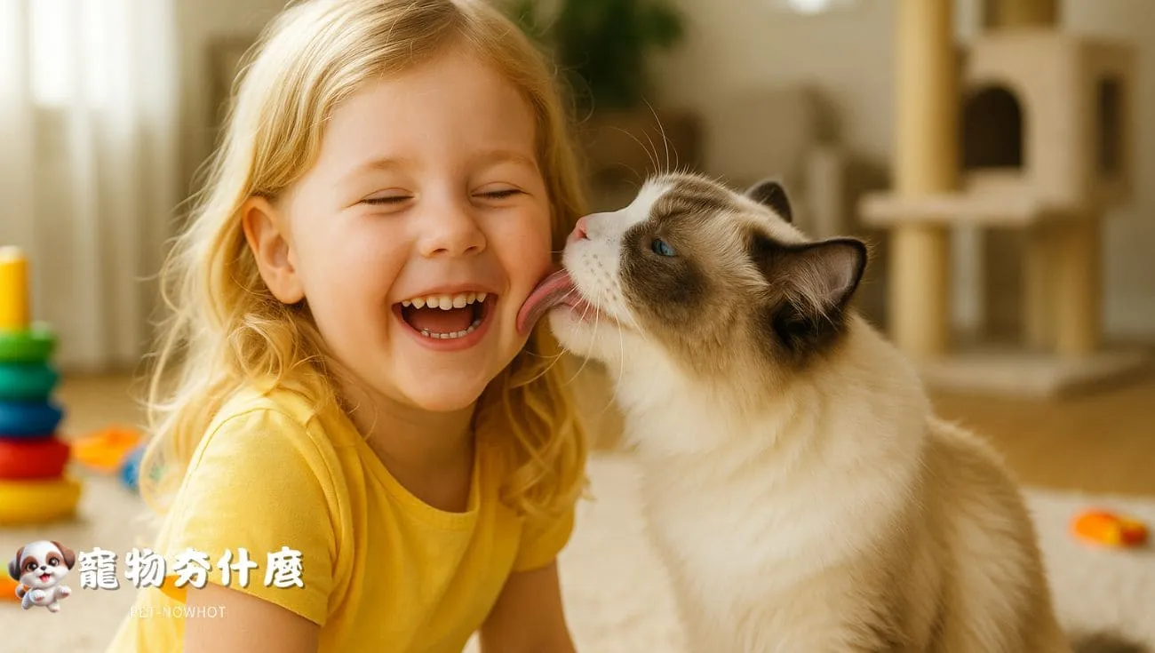 布偶貓親吻孩子臉頰