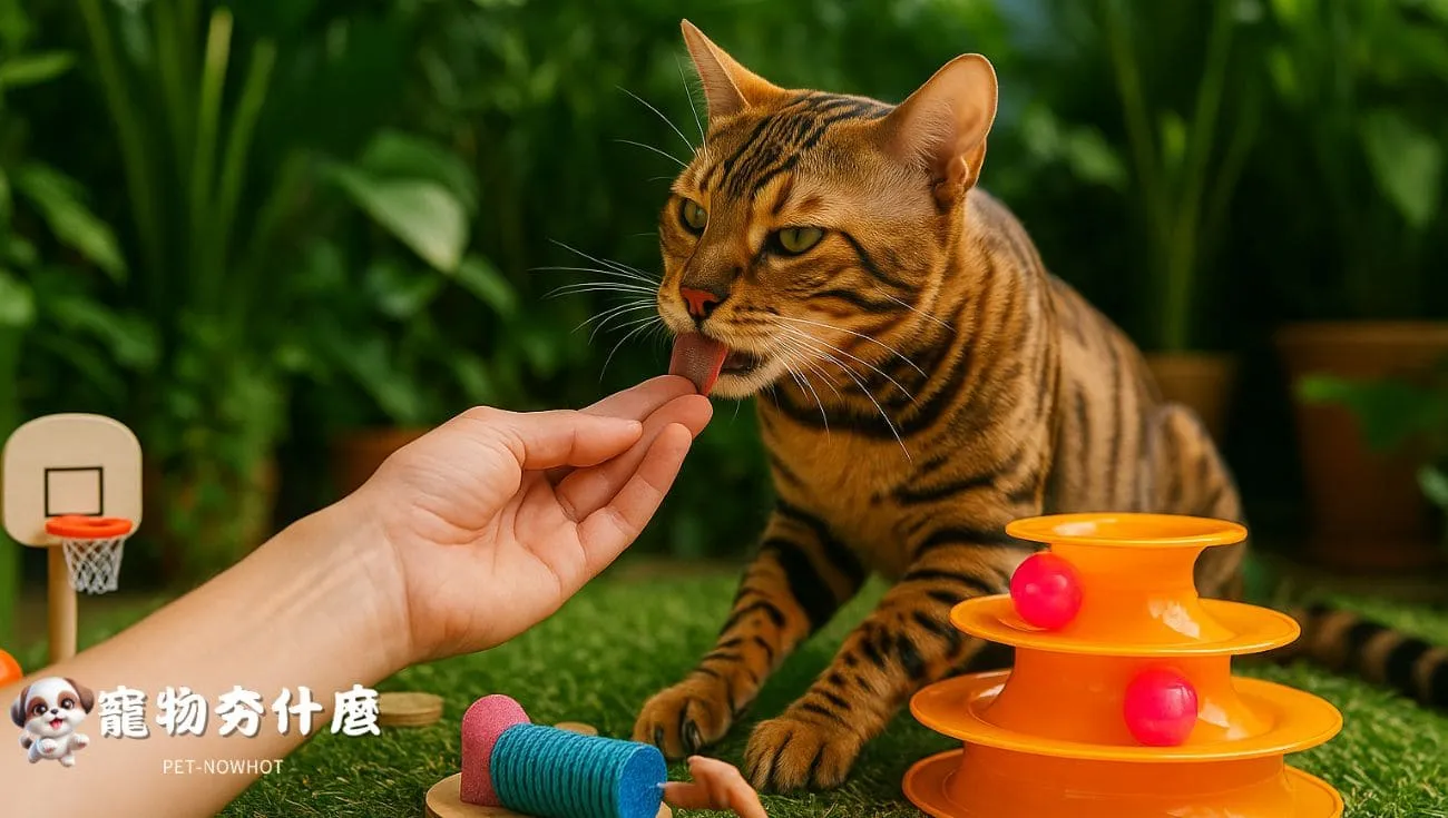 孟加拉貓玩耍中舔手指
