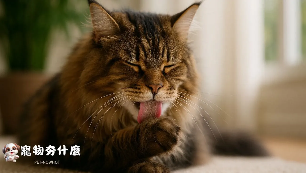 緬因貓自然舔舐前腳清潔