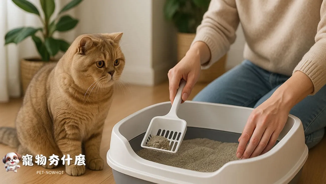 英國短毛貓觀察主人清理貓砂盆