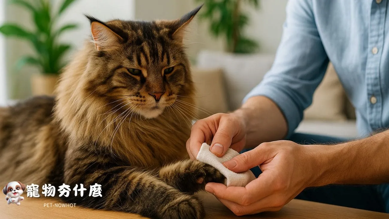 緬因貓主人體貼擦拭腳掌