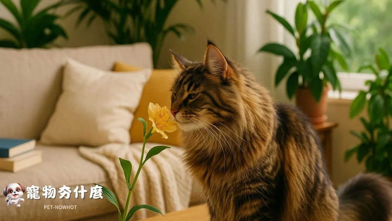 緬因貓輕聞花香室內一隅