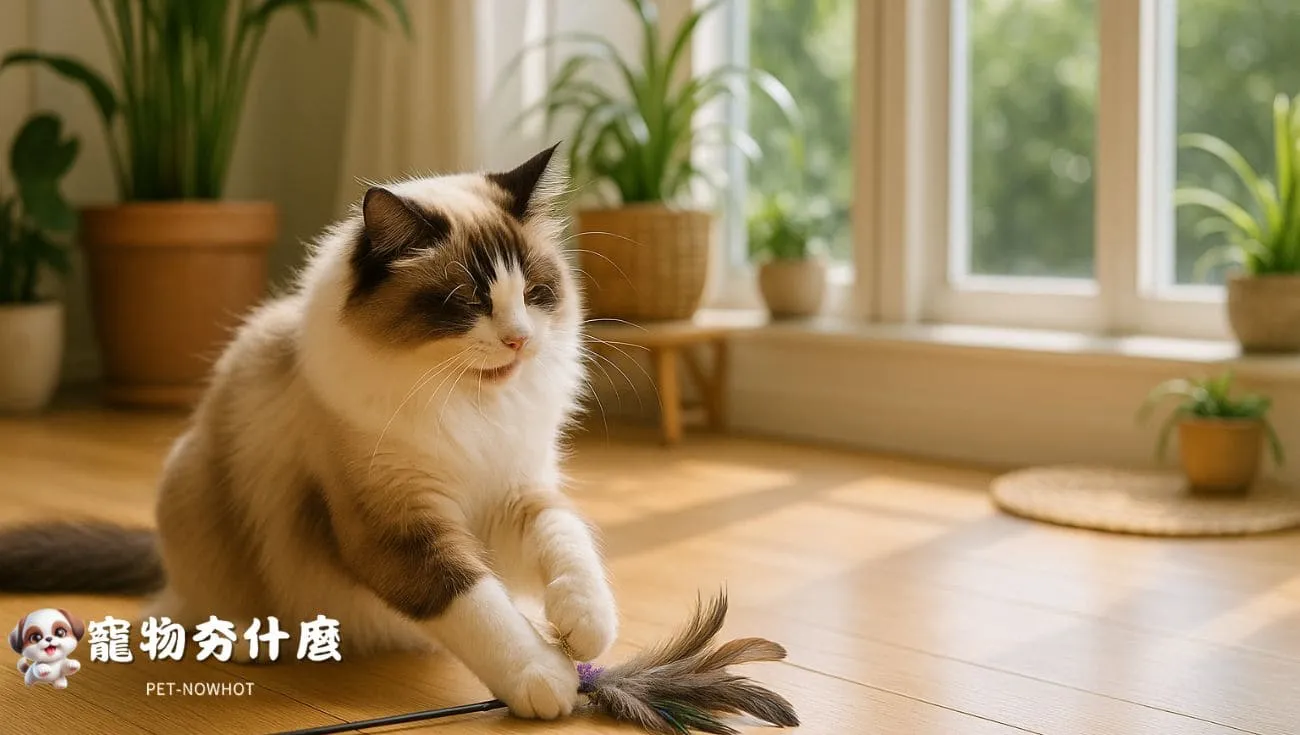 布偶貓與羽毛玩具互動遊戲