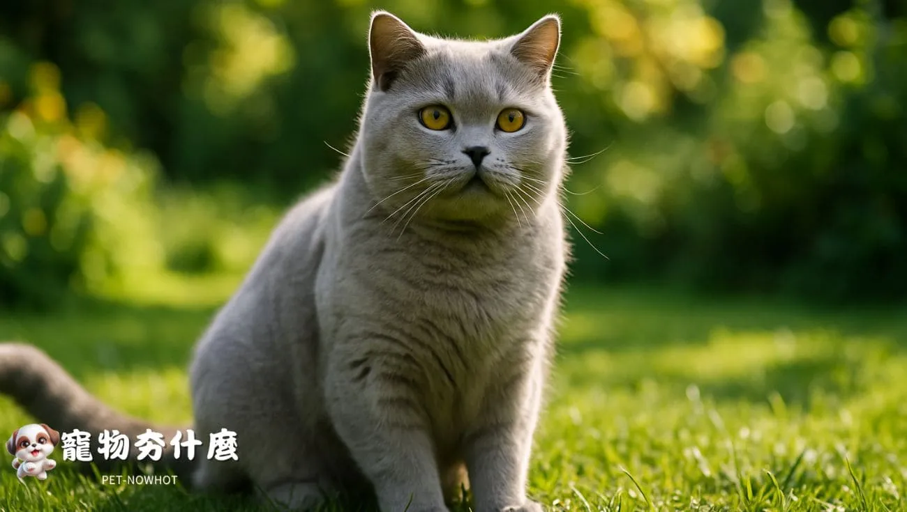 英短貓悠閒坐在花園搖尾巴