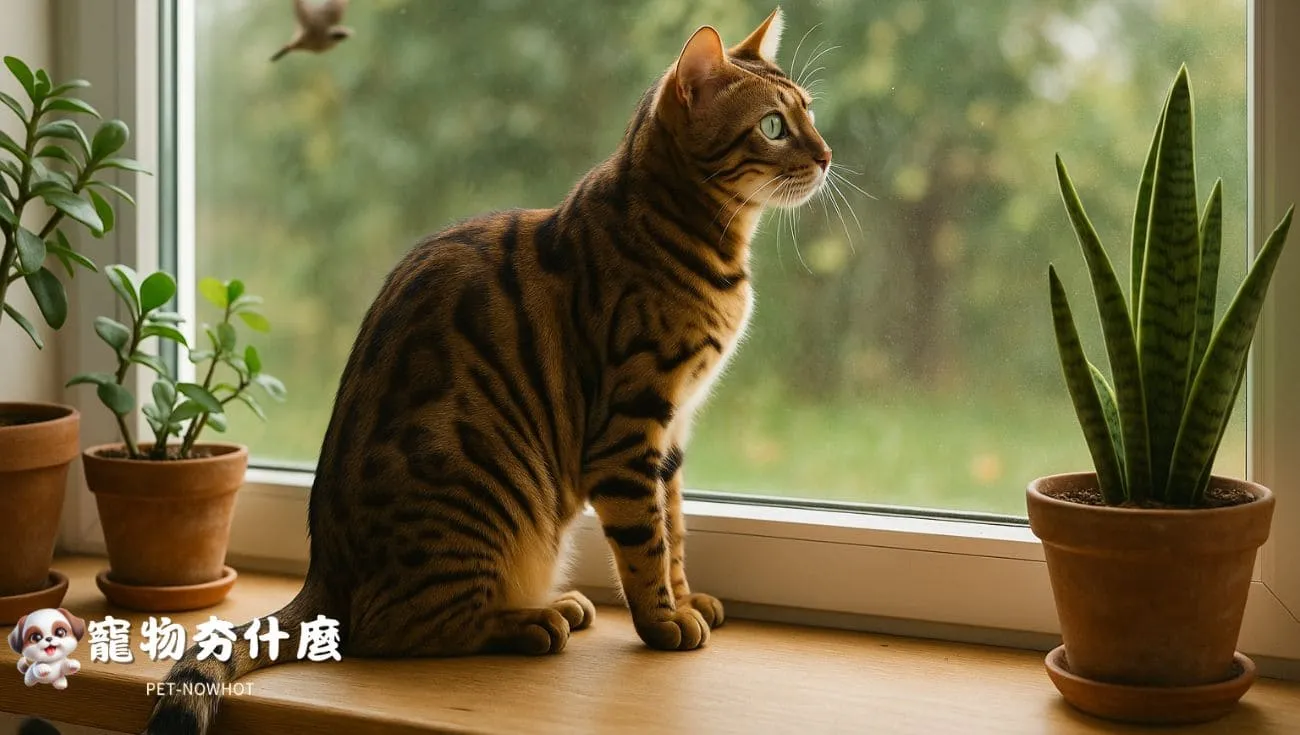 孟加拉貓緩慢搖尾觀察窗外鳥類