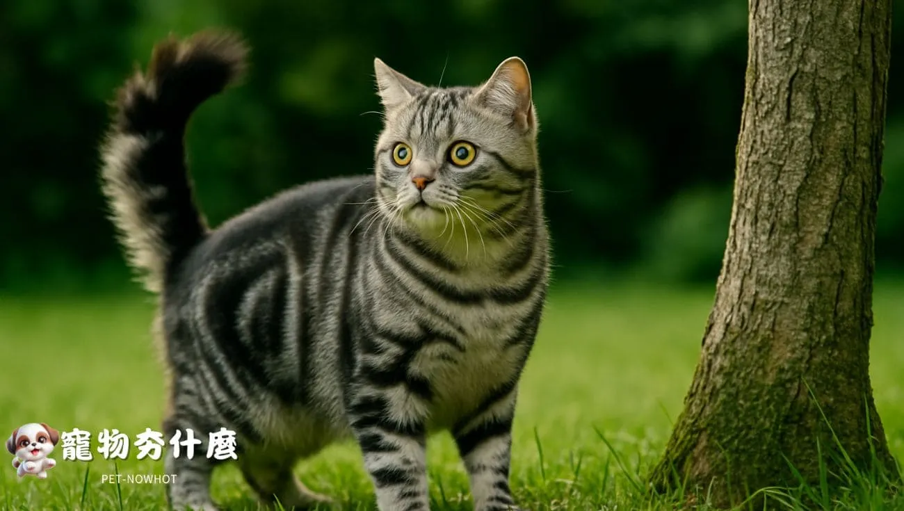 美國短毛貓尾巴炸毛顯示警戒狀態