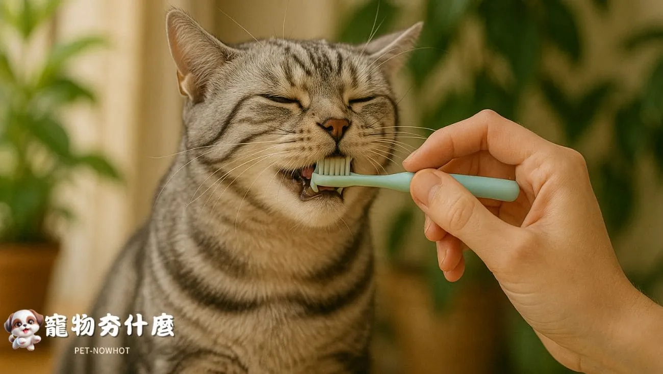 美短成貓享受牙齒清潔時光