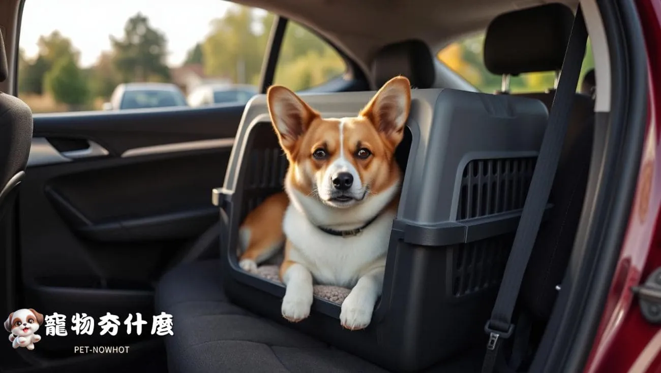 柯基犬於車用籠架內休息