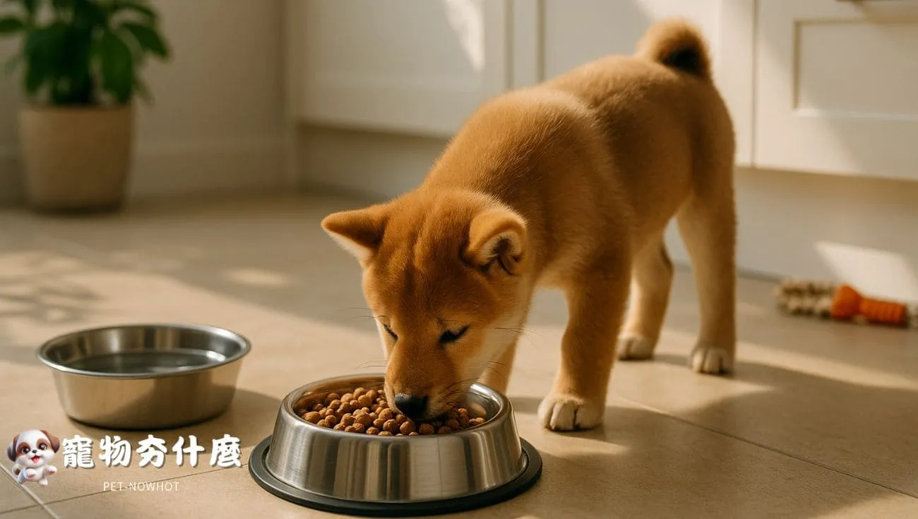 柴犬幼犬安靜享用飼料與飲水