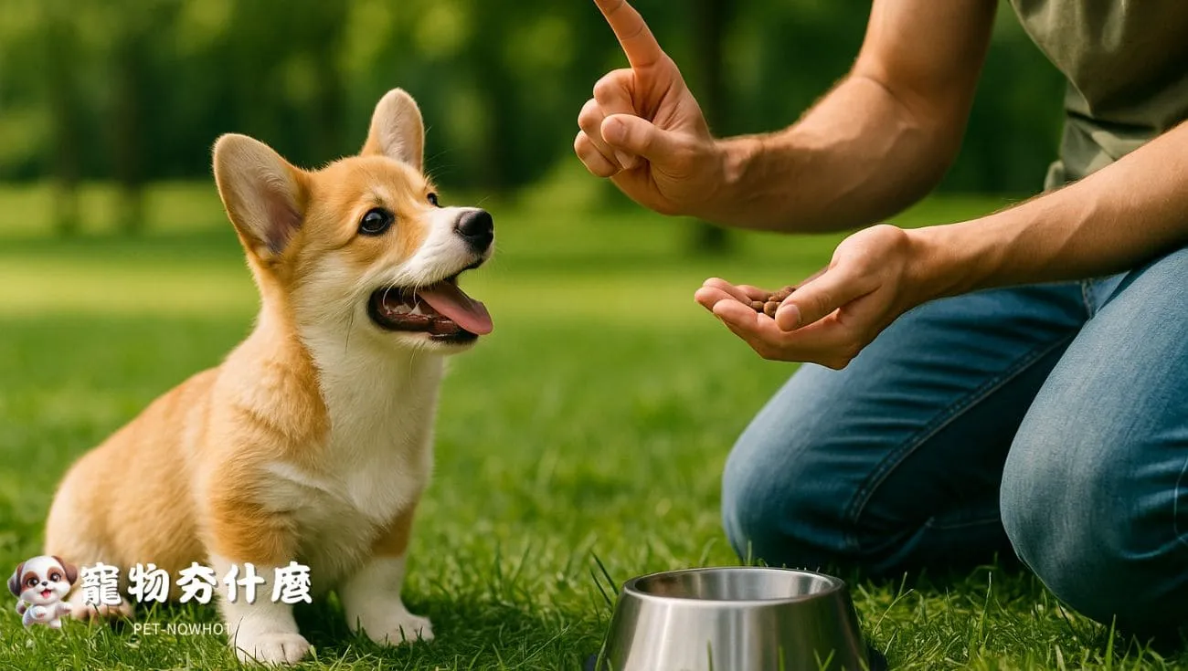 柯基犬幼犬與主人戶外訓練互動