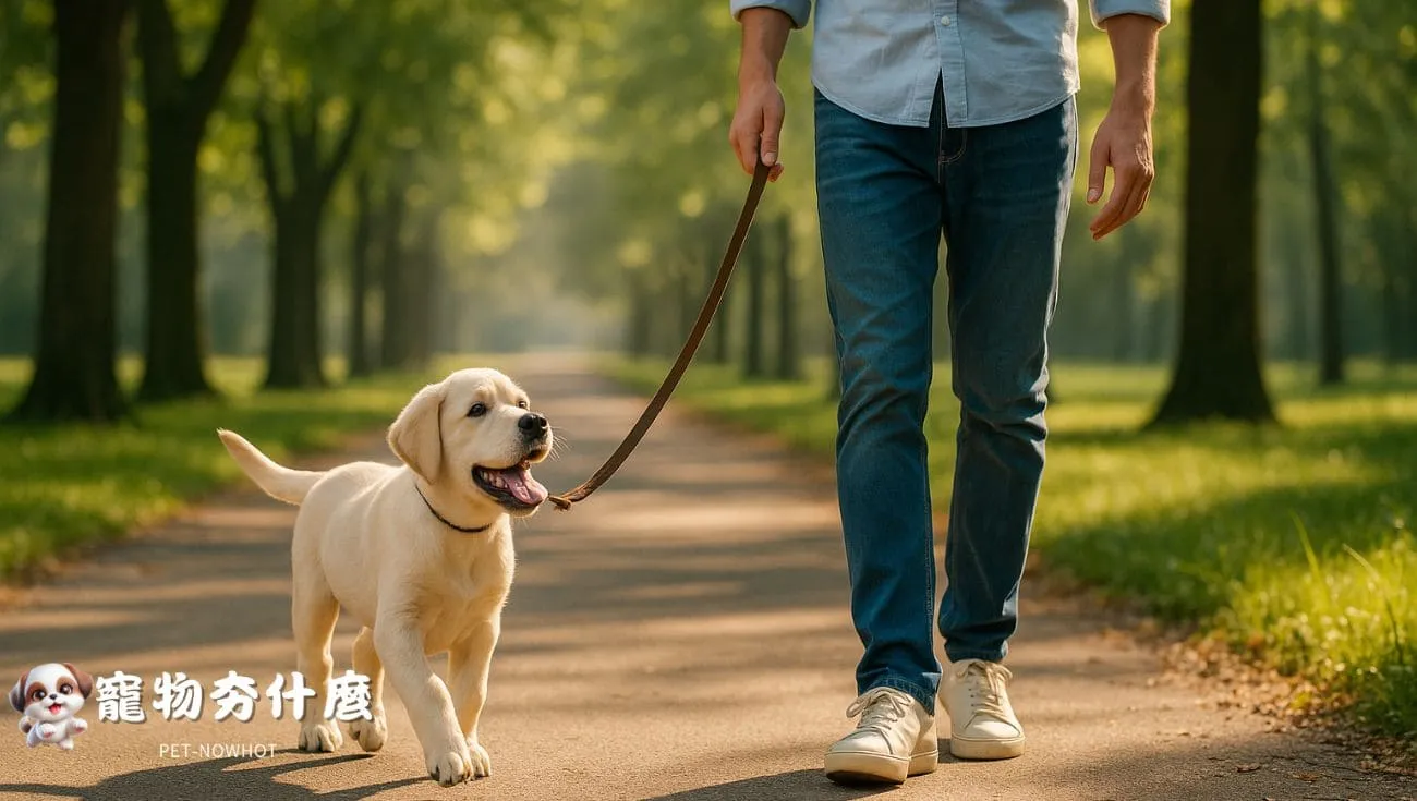拉布拉多幼犬晨間與主人散步
