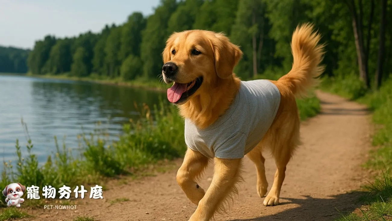 黃金獵犬穿棉T恤湖邊自由奔跑