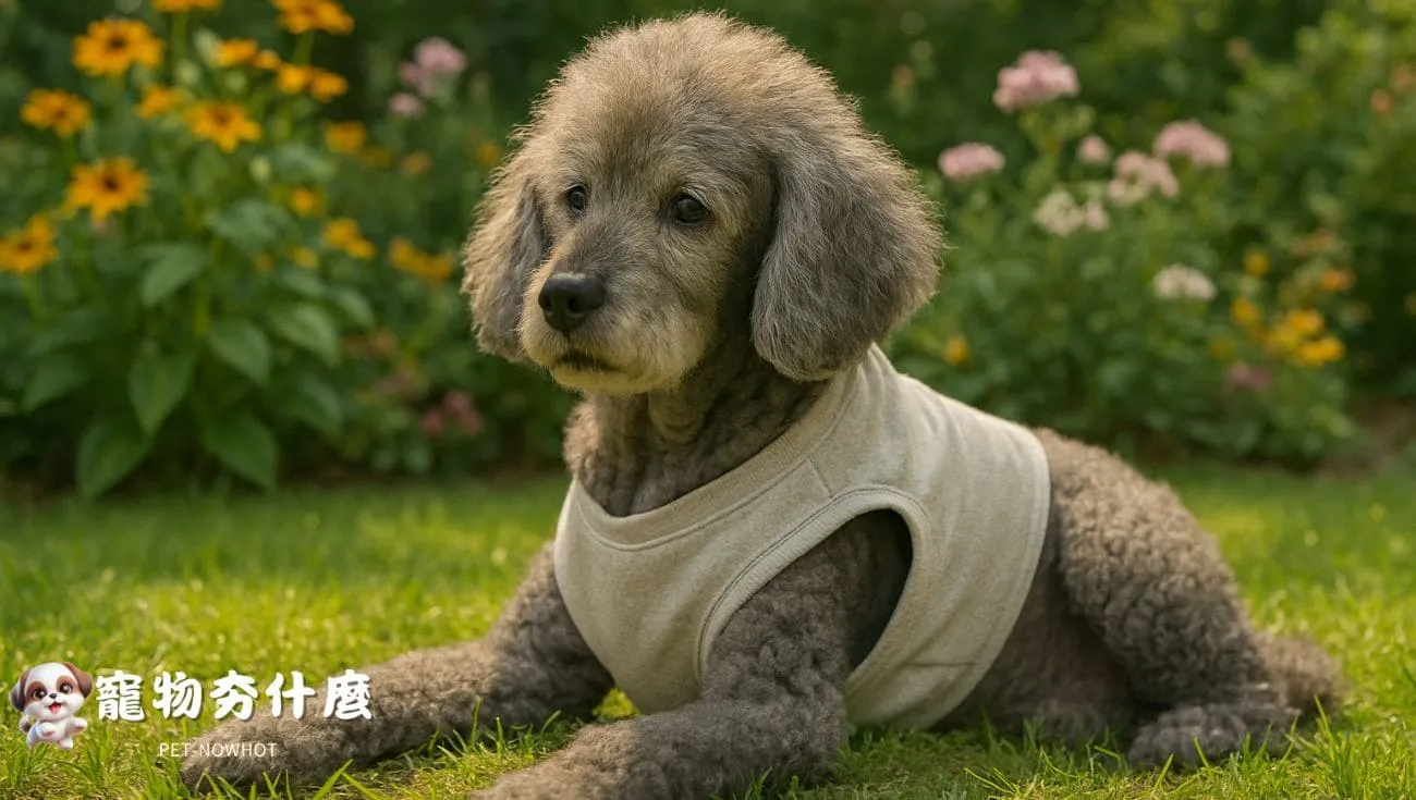 年長貴賓犬穿軟背心花園中休息