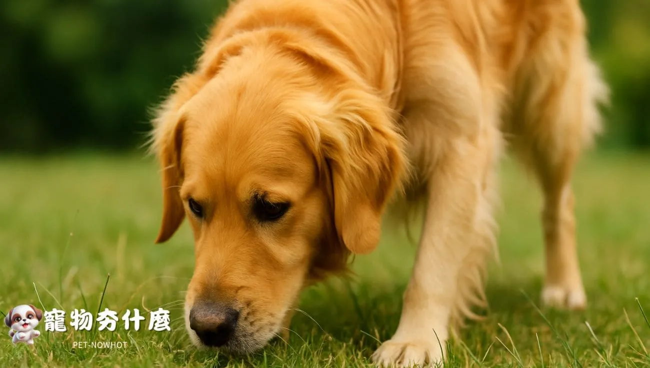 黃金獵犬低頭仔細嗅聞地面
