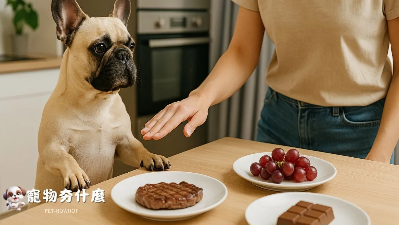 法鬥犬被主人阻止偷吃餐桌食物
