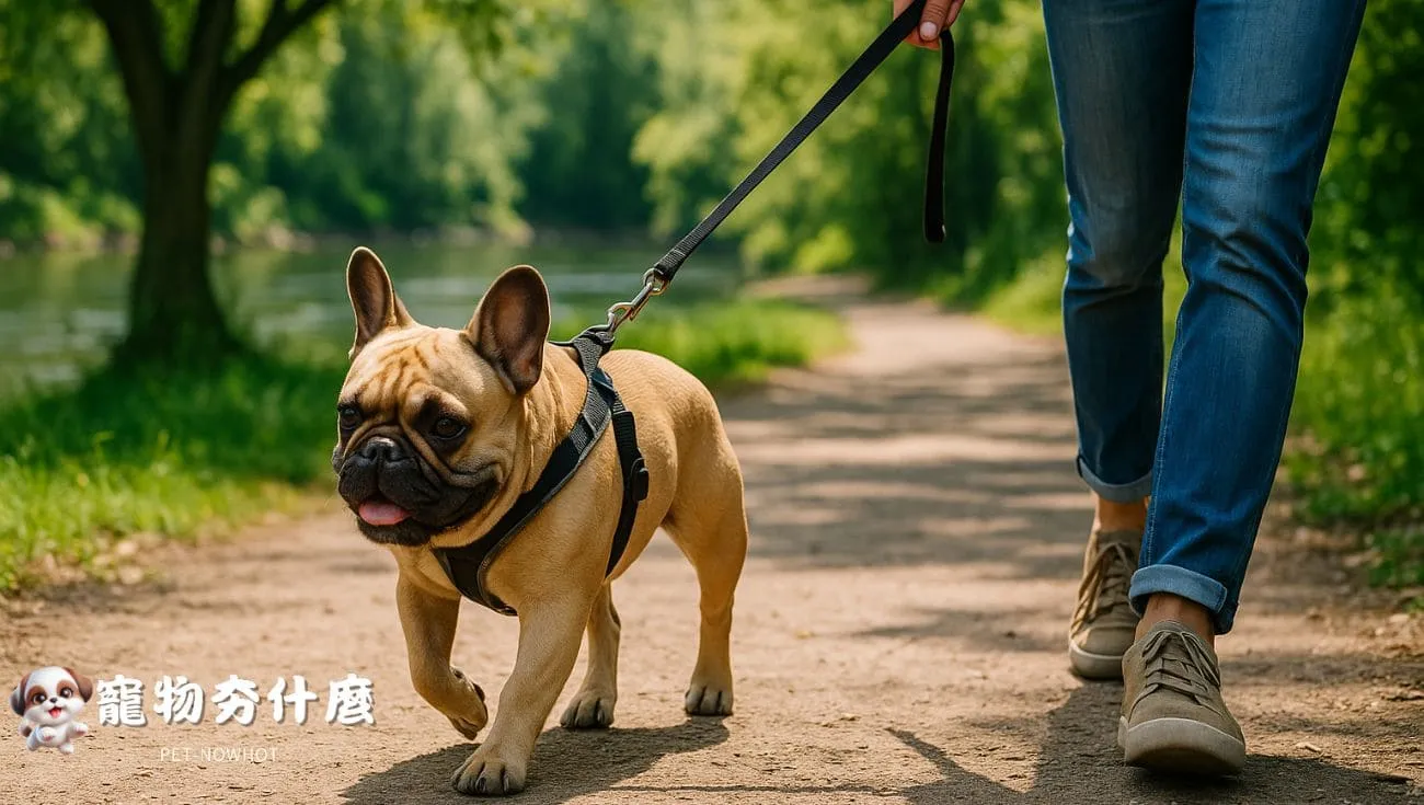 法鬥犬穿胸背帶與主人散步