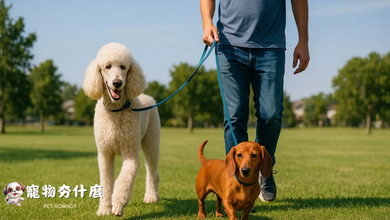 貴賓犬臘腸狗和主人共步