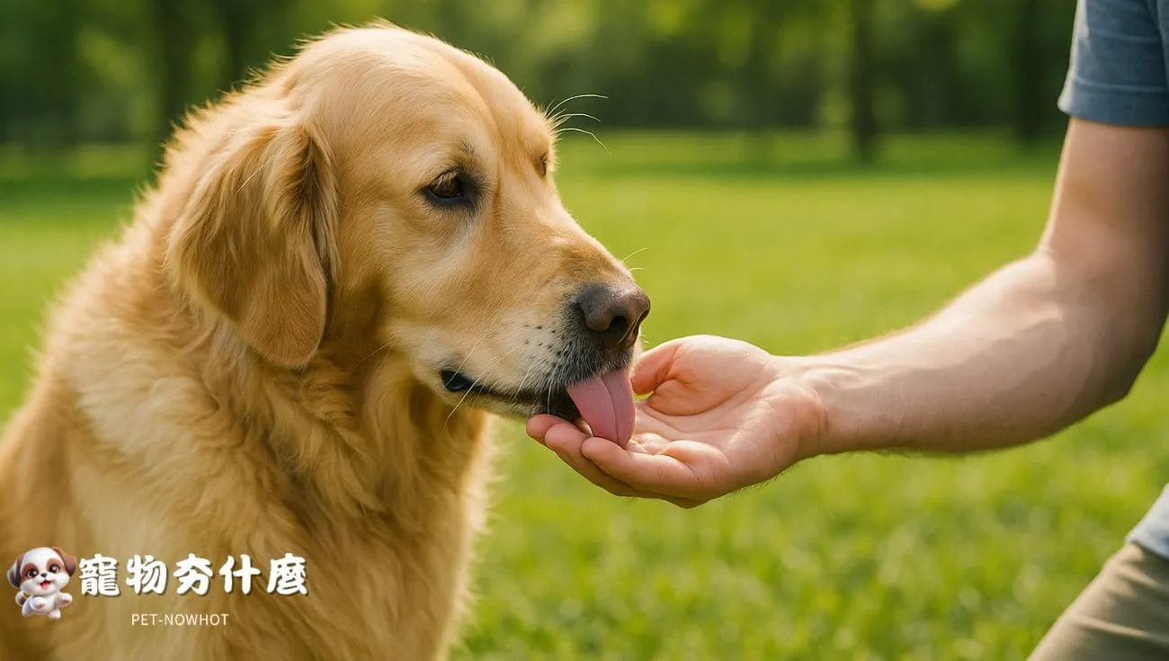 黃金獵犬舔主人手特寫