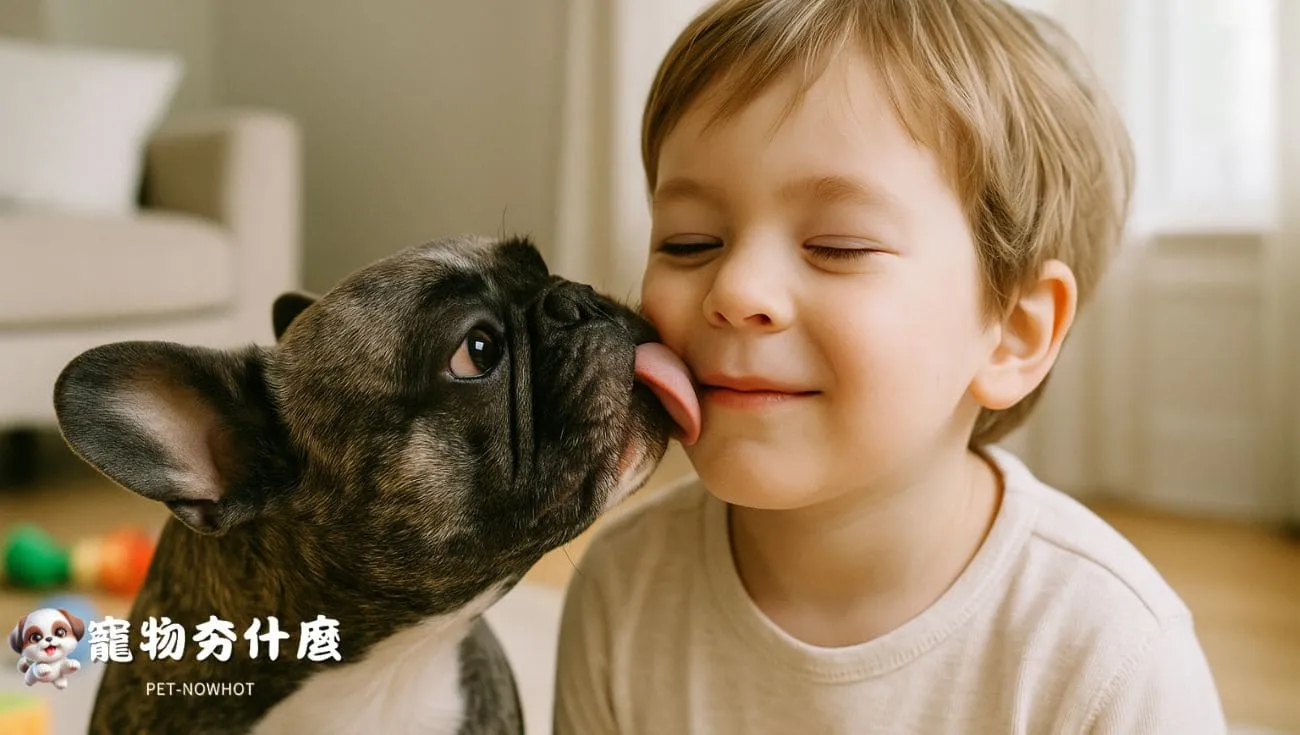 法國鬥牛犬舔小朋友臉
