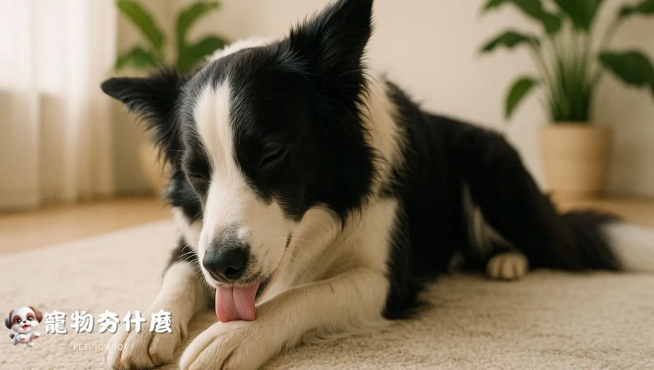 邊境牧羊犬在家輕舔前腳掌