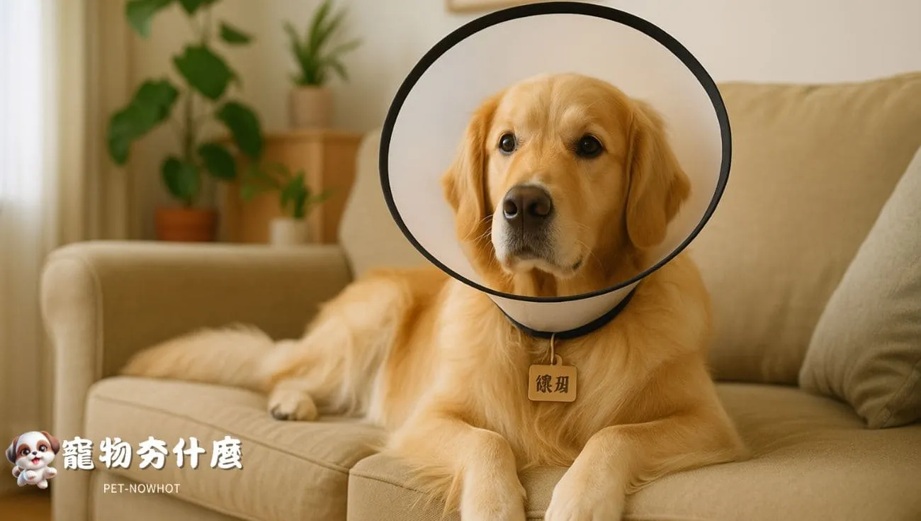 黃金獵犬配戴頭套安靜休息