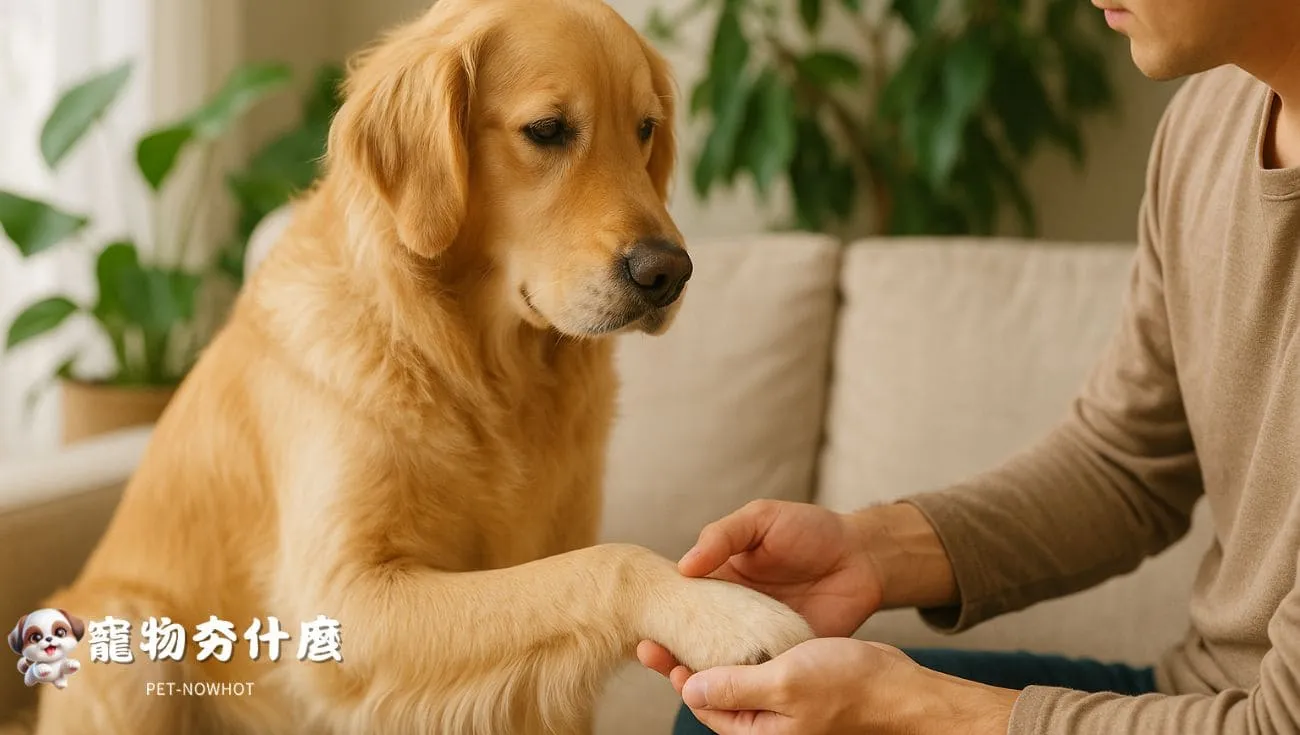 黃金獵犬家中檢查腳掌
