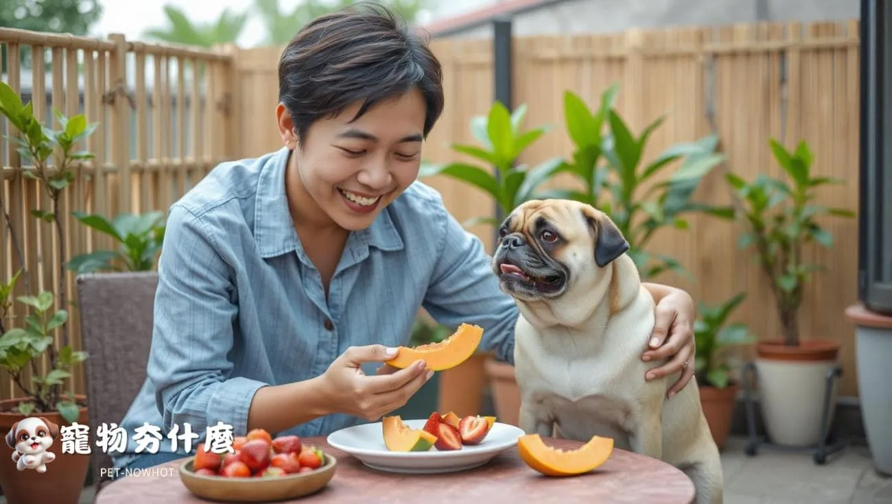 主人餵巴哥犬水果