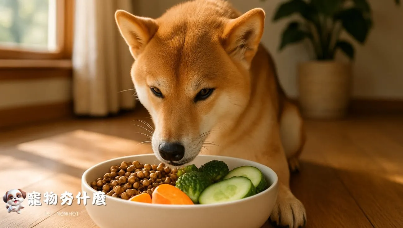 柴犬享用均衡飲食與新鮮蔬菜