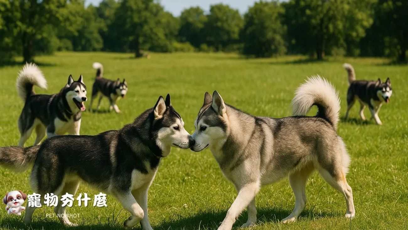 哈士奇犬群草地自在互動