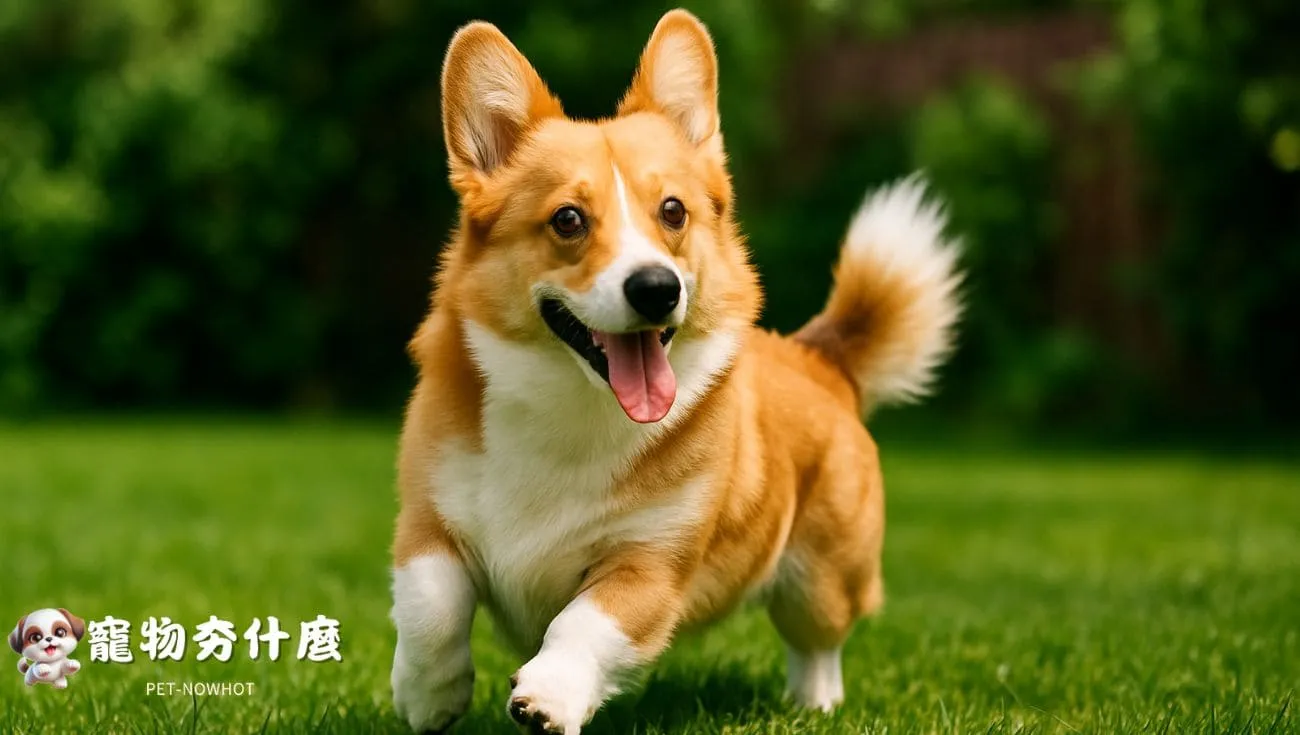 柯基犬短尾巴搖動在草地奔跑