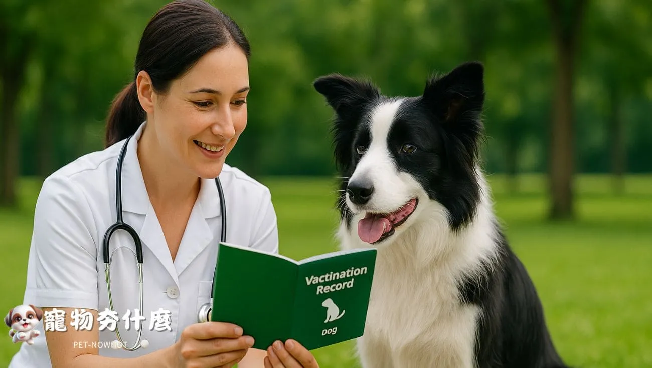 邊境牧羊犬與獸醫戶外查看疫苗紀錄