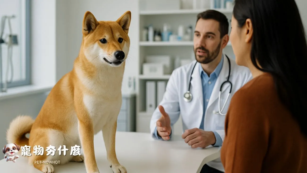 柴犬於診療桌接受獸醫問診
