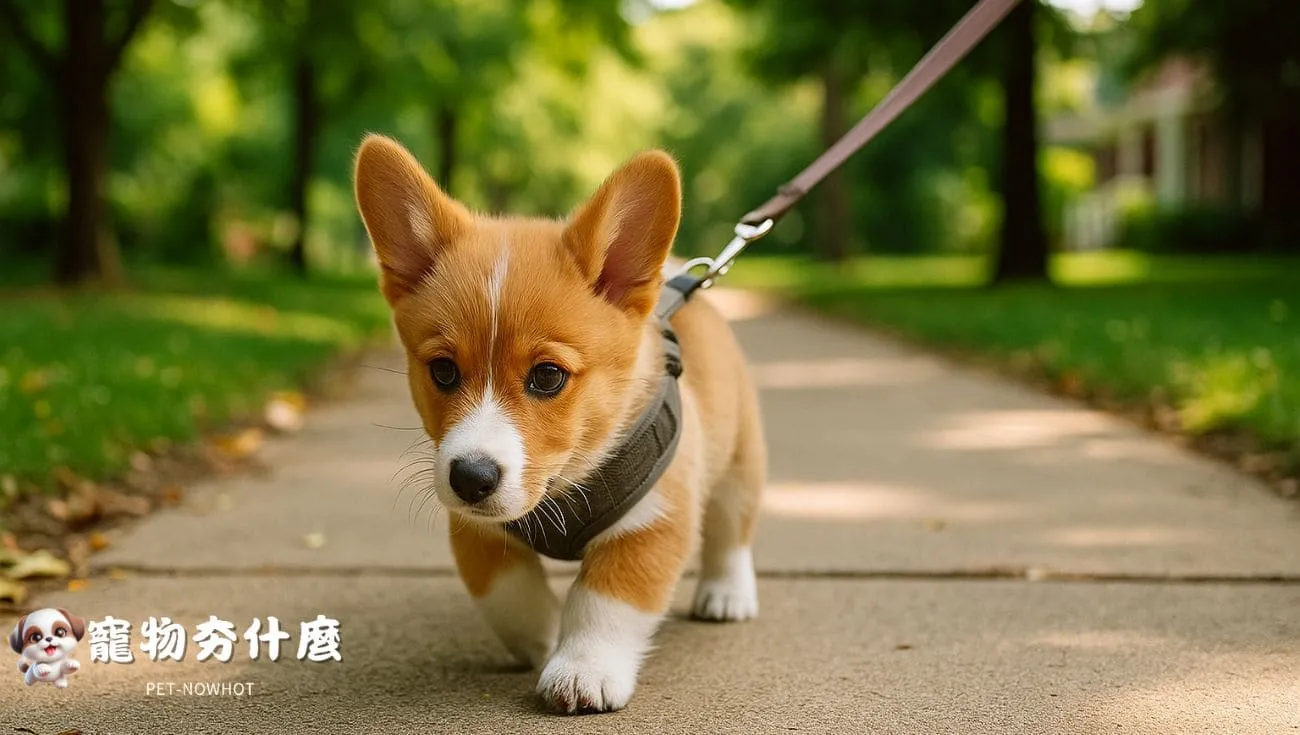 柯基幼犬學步外出短距離散步照