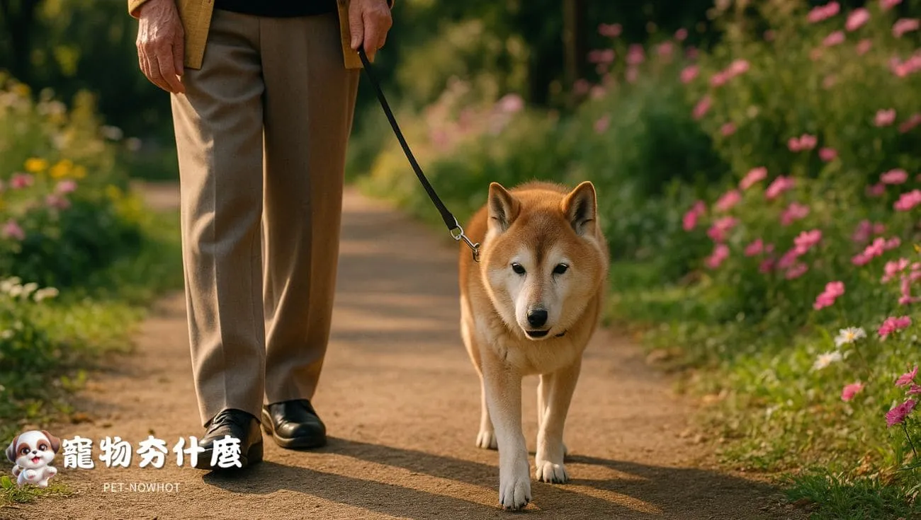 高齡柴犬與長者悠閒花園漫步