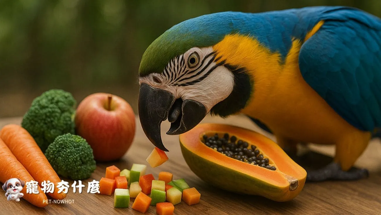 金剛鸚鵡與新鮮蔬果共食