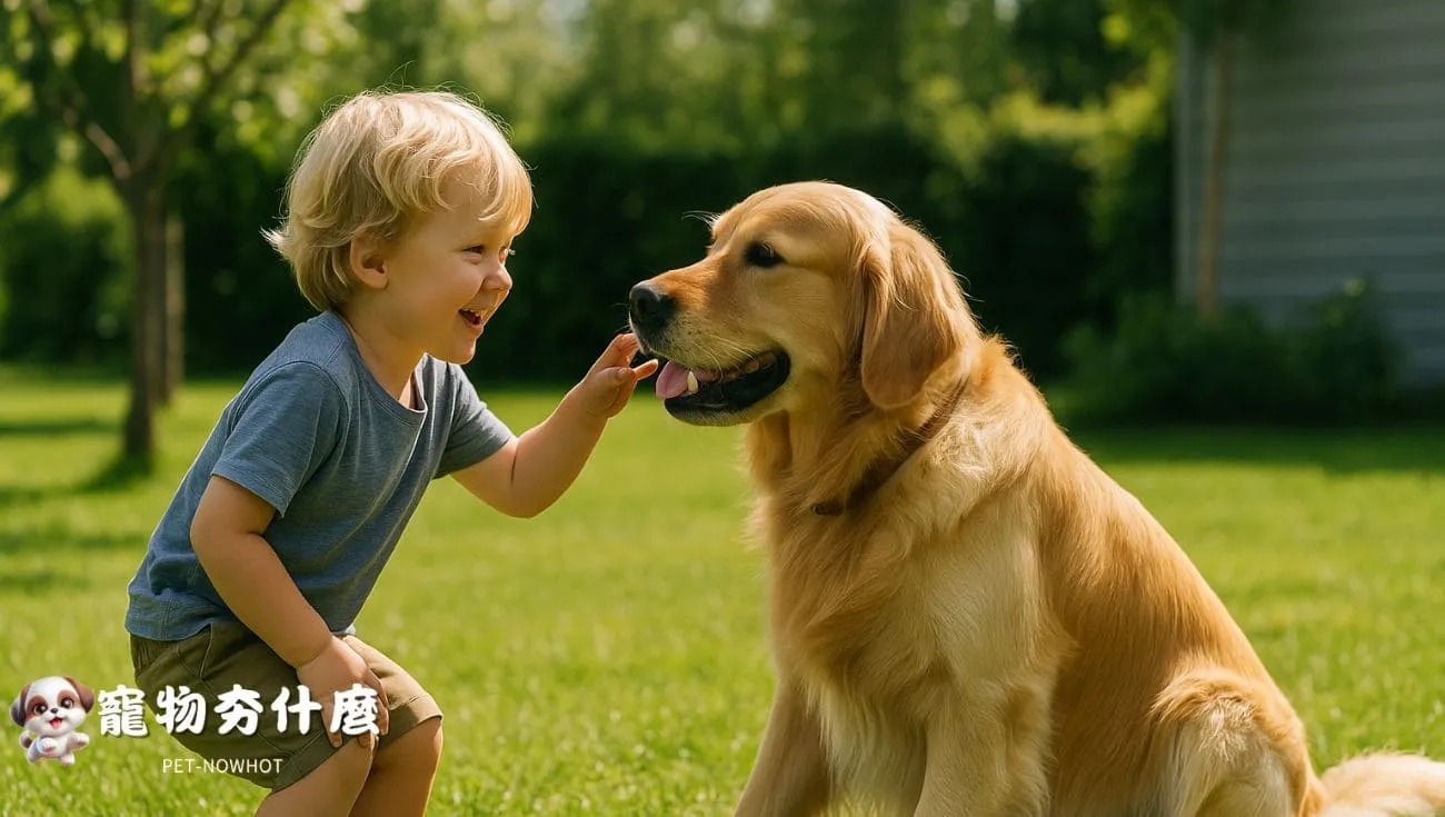 黃金獵犬在庭院陪伴小孩遊戲