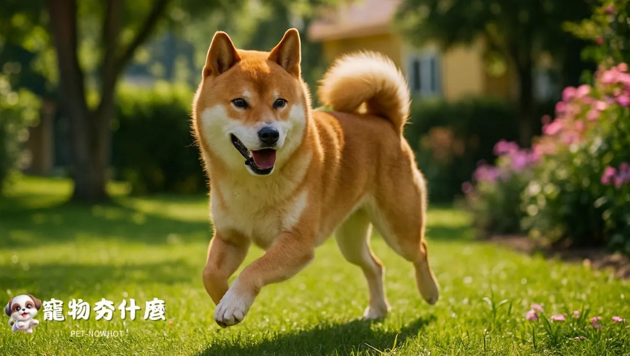 柴犬活力奔跑於郊區花園草地