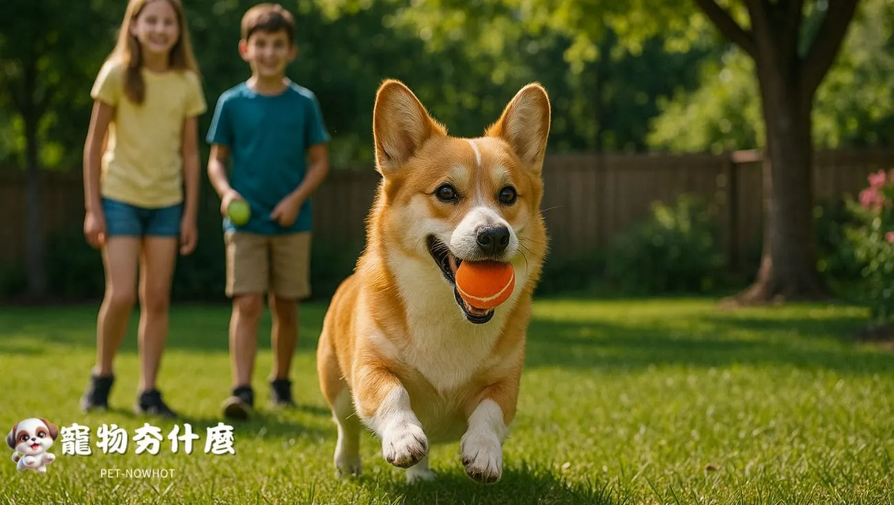 柯基犬與孩童互動於家中後院