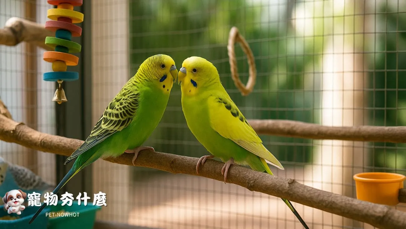 多隻虎皮鸚鵡共飼互動情境