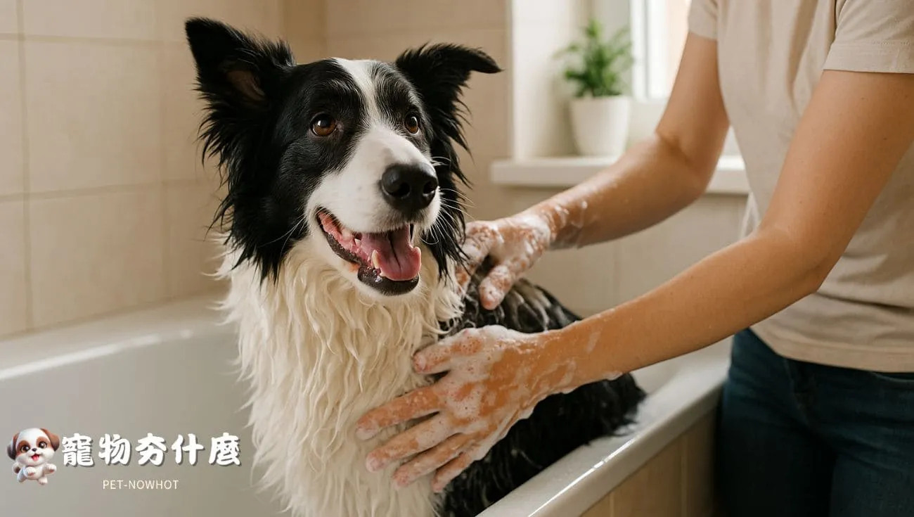 邊境牧羊犬家中洗澡保養日常畫面