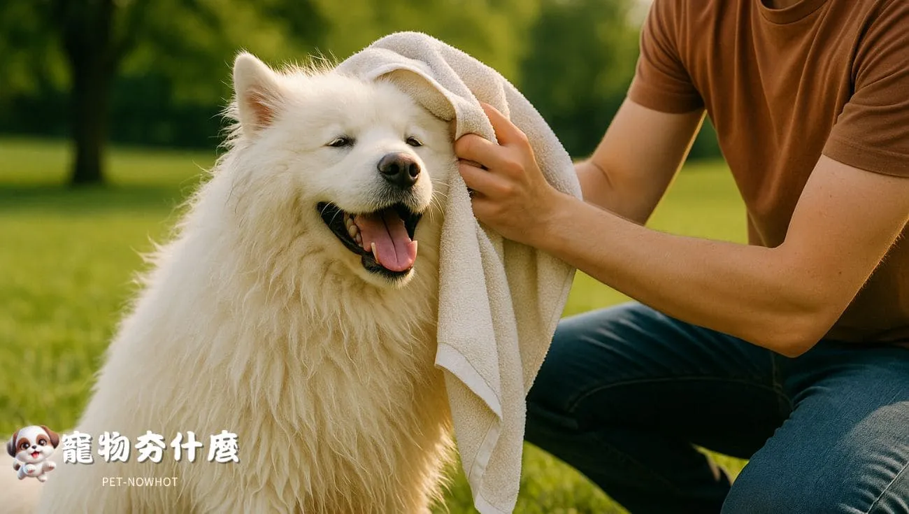 薩摩耶戶外運動後溫柔擦拭照顧