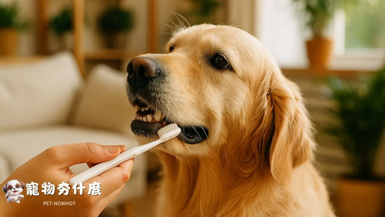 黃金獵犬於家中溫和刷牙保健