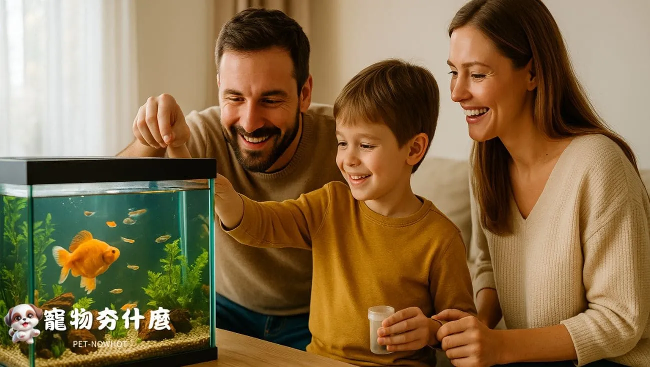 家庭共同照顧觀賞魚的溫馨時光