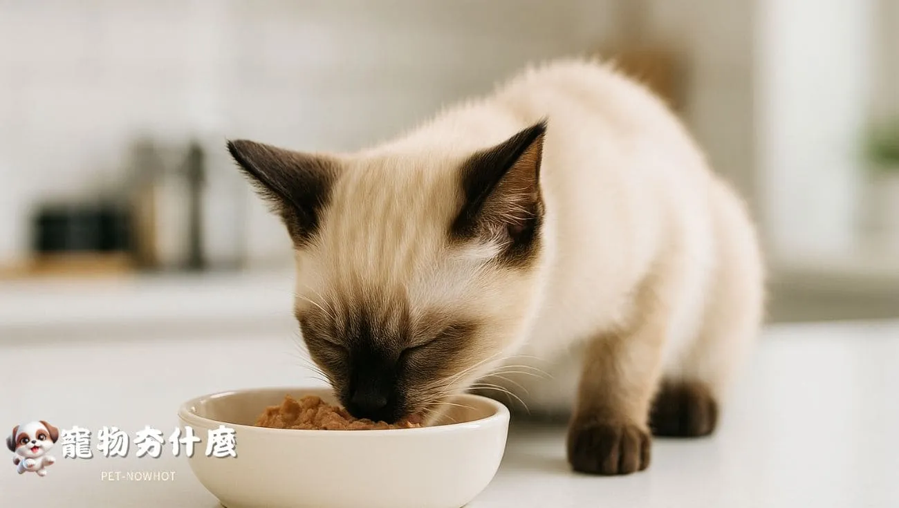 暹羅貓幼貓吃營養主食照片